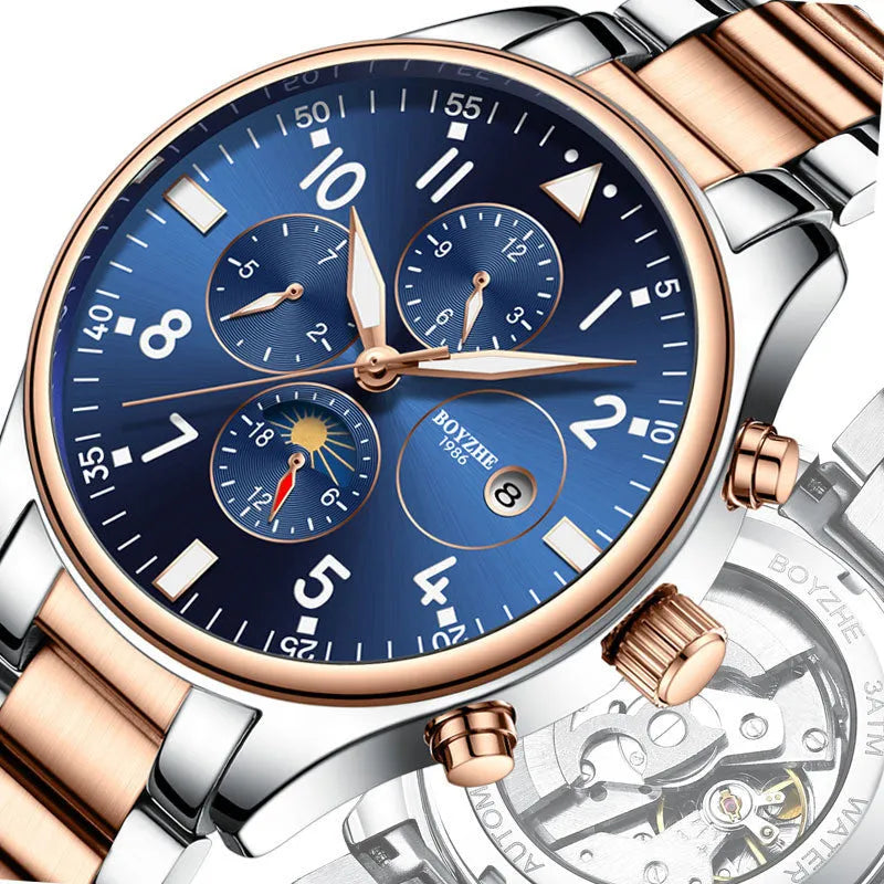 Automatic mechanical watch with steel belt, 40mm dial, butterfly double button clasp, rose gold blue colour