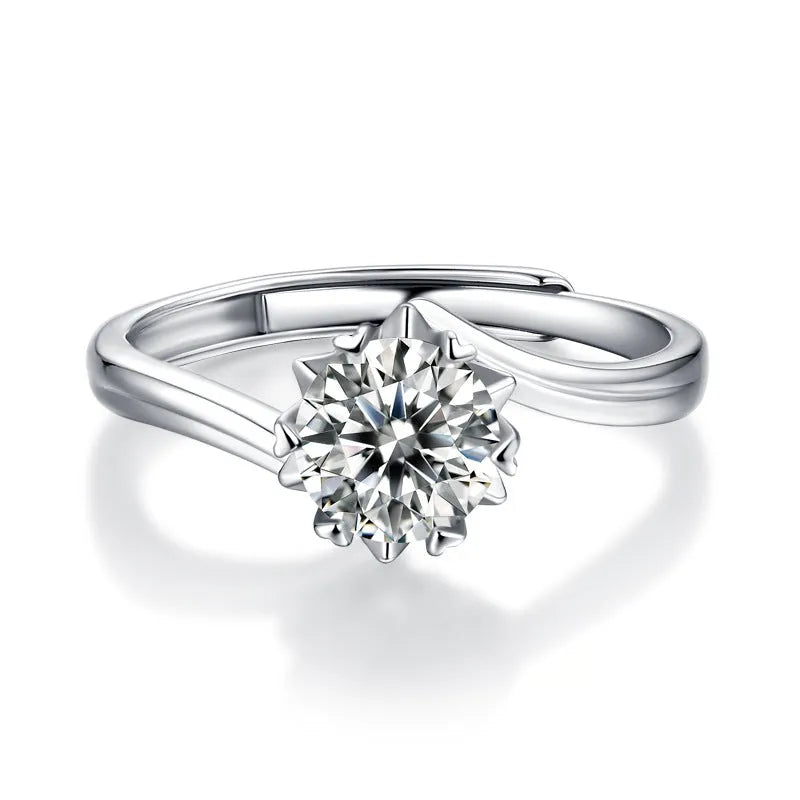 S925 silver platinum-plated moissanite ring in round geometric shape on white background
