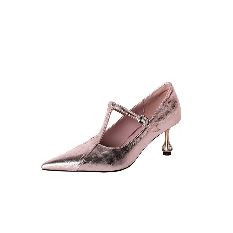Women's gun colour sheepskin leather Mary Jane pumps with a round toe and chunky heel.