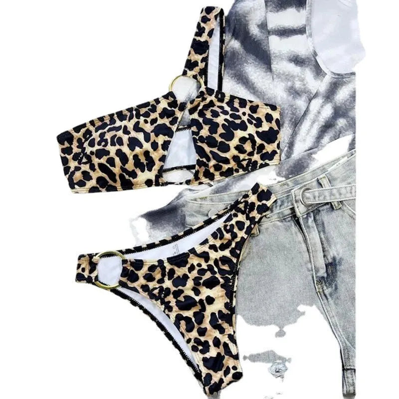 Women's leopard print polka dot hollow bikini swimsuit with top and shorts
