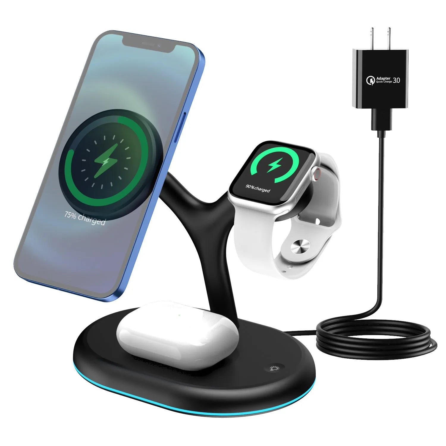 Black square three-in-one magnetic wireless charger for iPhone, Apple Watch, and AirPods on a desk