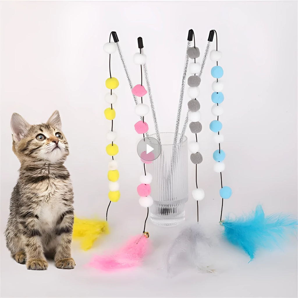 Acrylic pompon cat teaser stick with feather attachments and bell, 31cm long in multiple colours