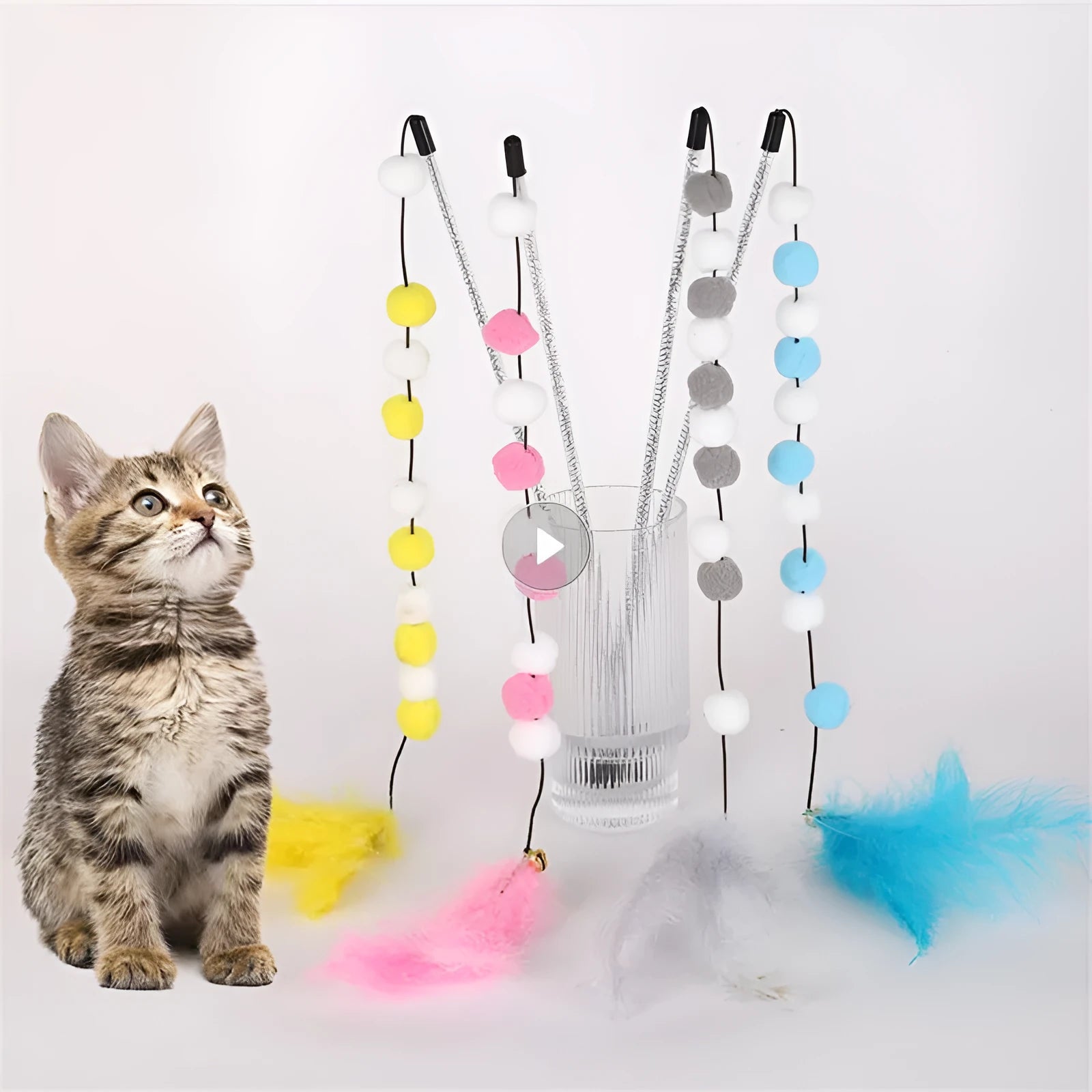 Acrylic pompon cat teaser stick with feather attachments and bell, 31cm long in multiple colours