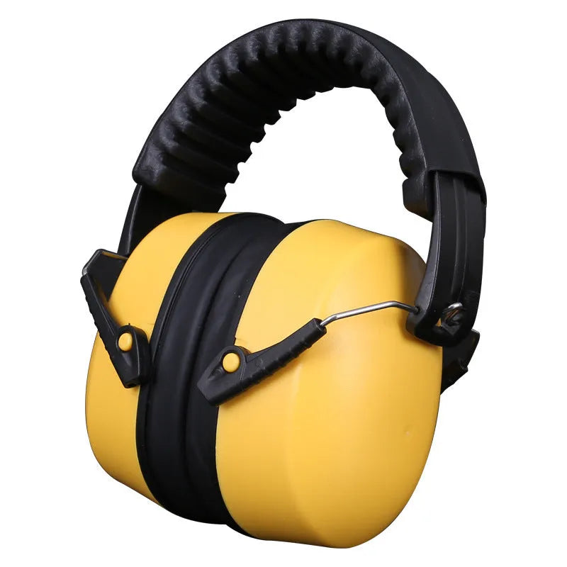 Orange adjustable headband noise-cancelling ear muffs with large black ear cups on a white background.