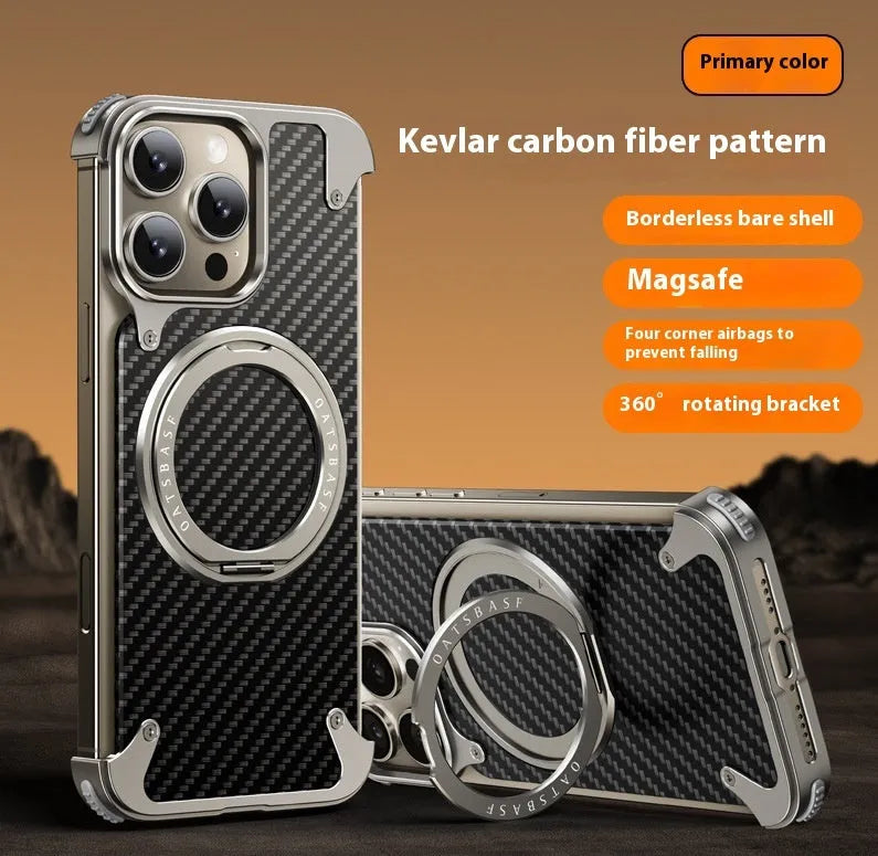 YILI shell carbon fibre magnetic bracket protective phone case for iPhone 16 Pro Max in matte black