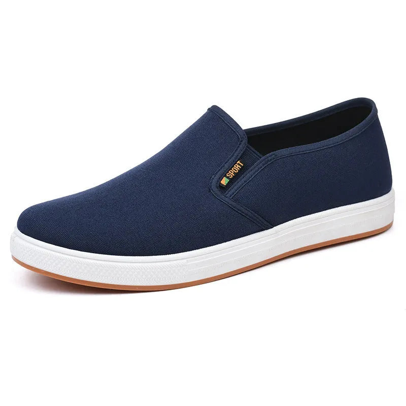Men's black and blue slip-on canvas cloth shoes with round toe and injection moulded sole