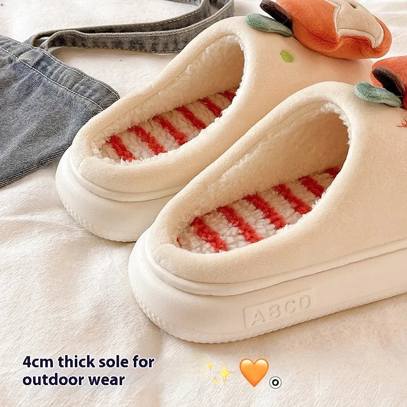 Velvet thermal non-slip cotton slippers for women in pink and white, with EVA sole and velboa lining