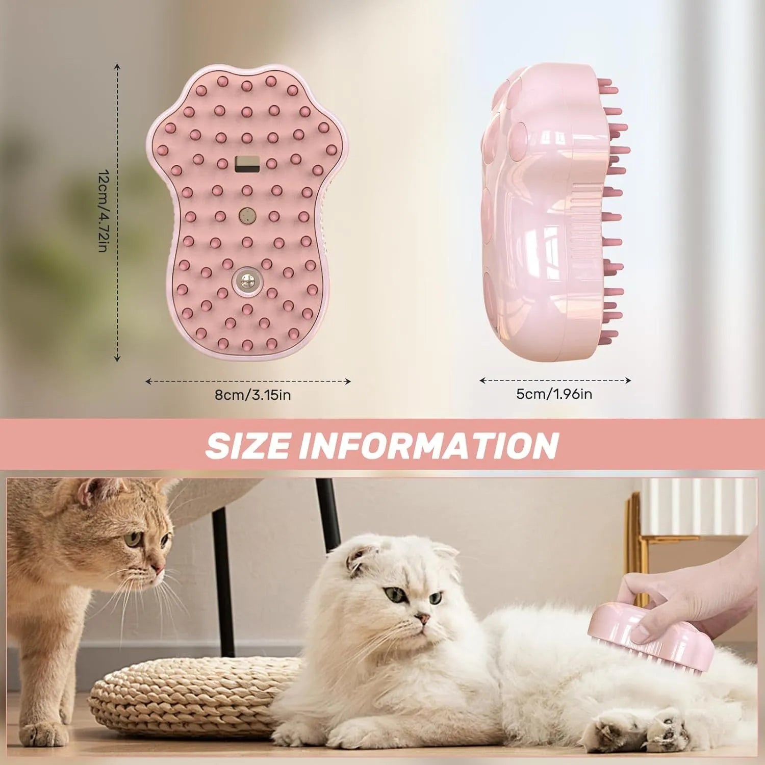 Self-cleaning cat steam brush with blue light and silicone bristles for pet grooming