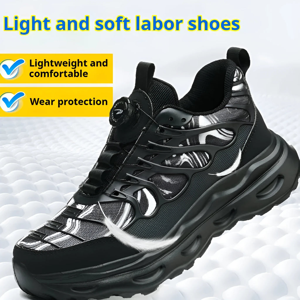 Men's black microfiber work shoes with rotating button closure and EVA sole, sizes 37 to 48