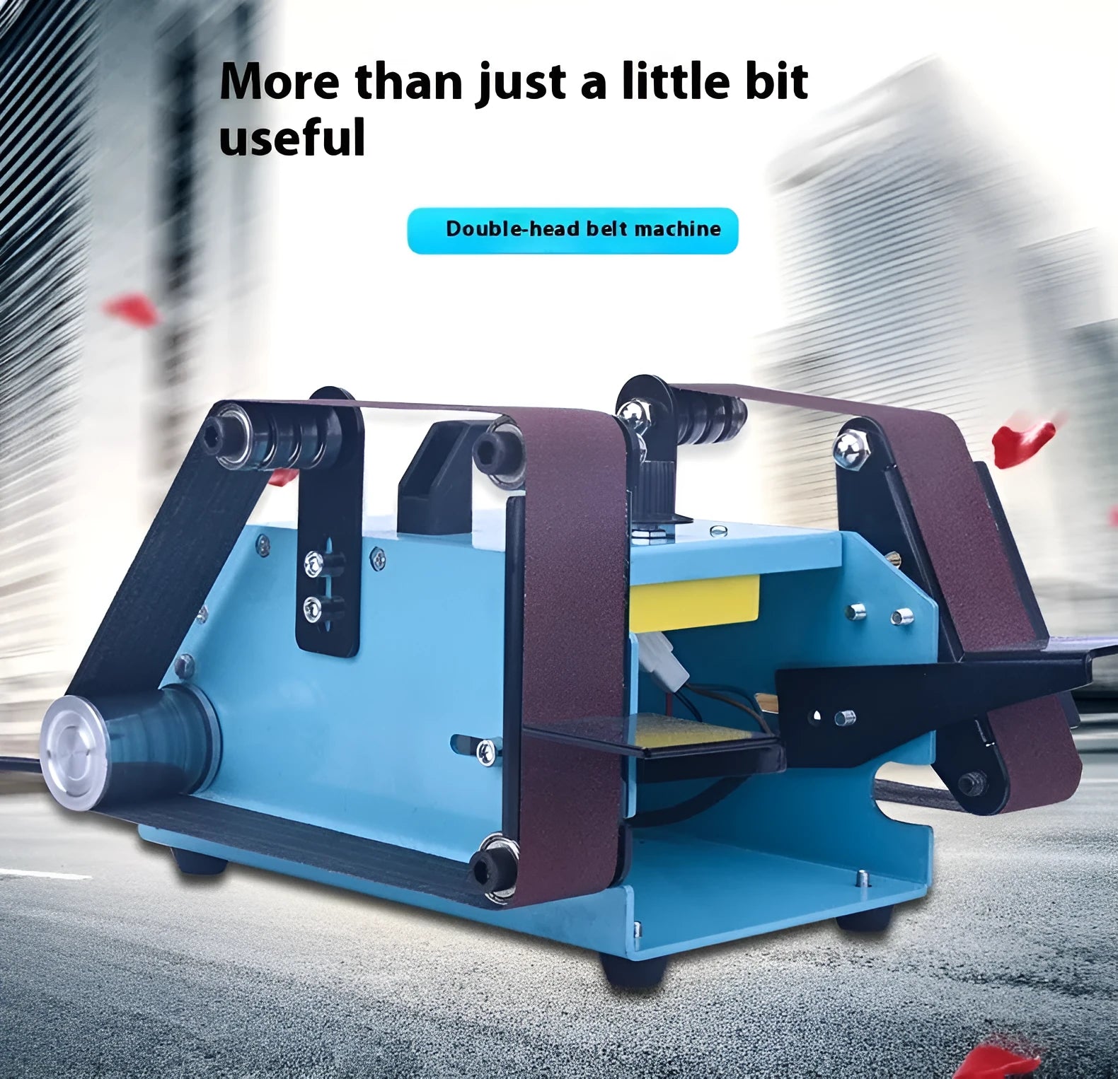 Blue desktop dual-axis belt sander with two sanding heads and a variable speed switch on a workbench.