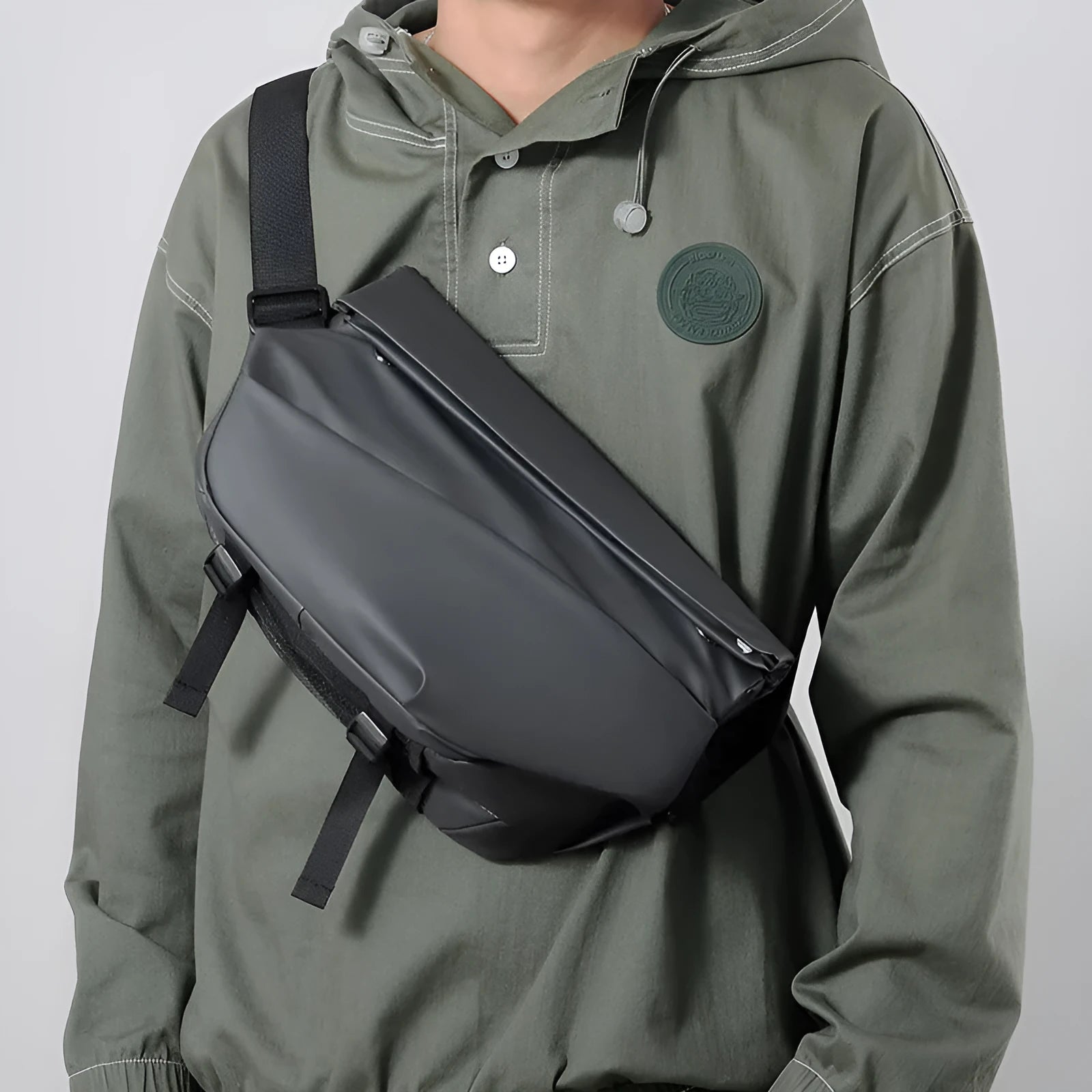 Grey and black PU leather crossbody bag for men with motorcycle sling design and internal organisers