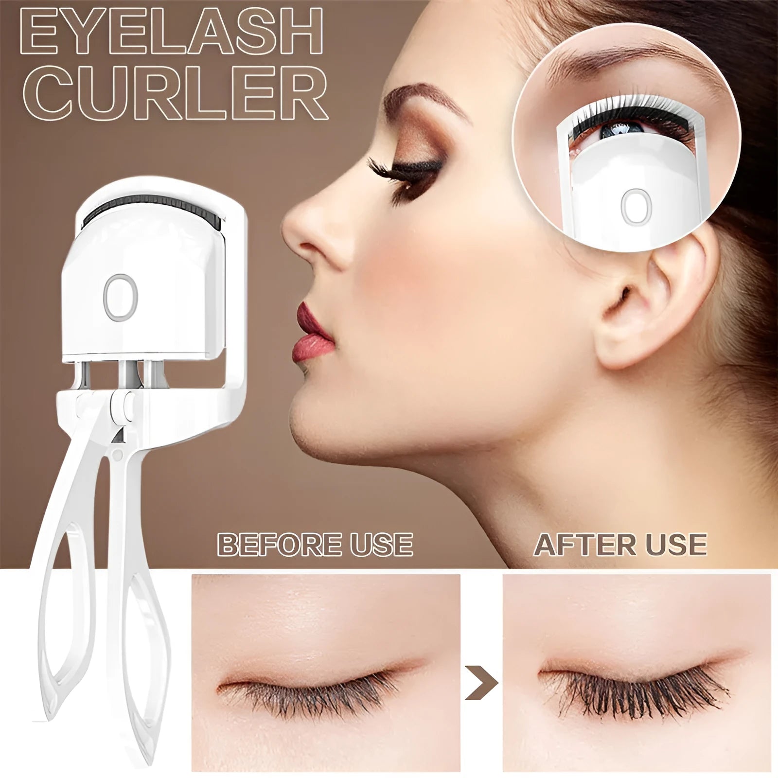 Pink and white USB rechargeable heated eyelash curler with dual temperature settings.