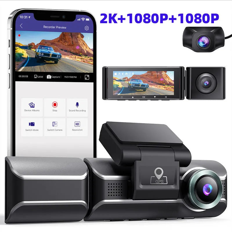 2K driving recorder dash cam with front and rear cameras, 3.0 inch screen, and mounting bracket