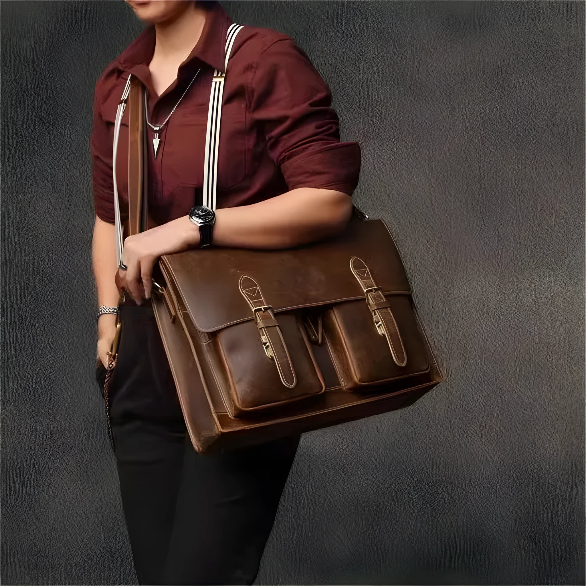 Top cowhide leather computer bag in dark brown with crossbody strap and sewing line detailing