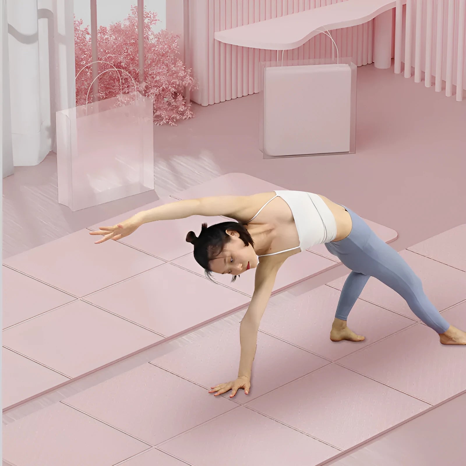 Folded and unfolded blue TPE gymnastic mat on a wooden floor