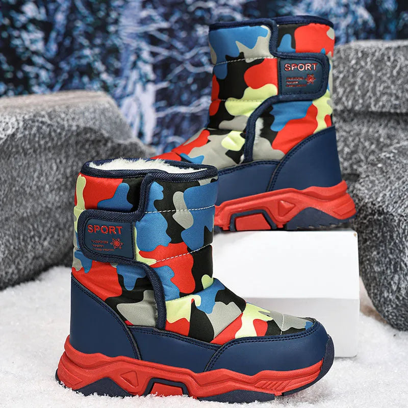 Kids high-top camouflage boots in cotton with hook and loop fastening, unisex sports style, sizes 26-38