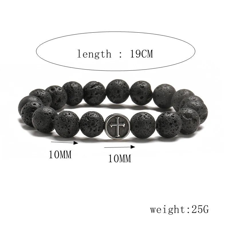 Men's stainless steel bracelet with circular geometry shape and dark volcanic agate stone centre