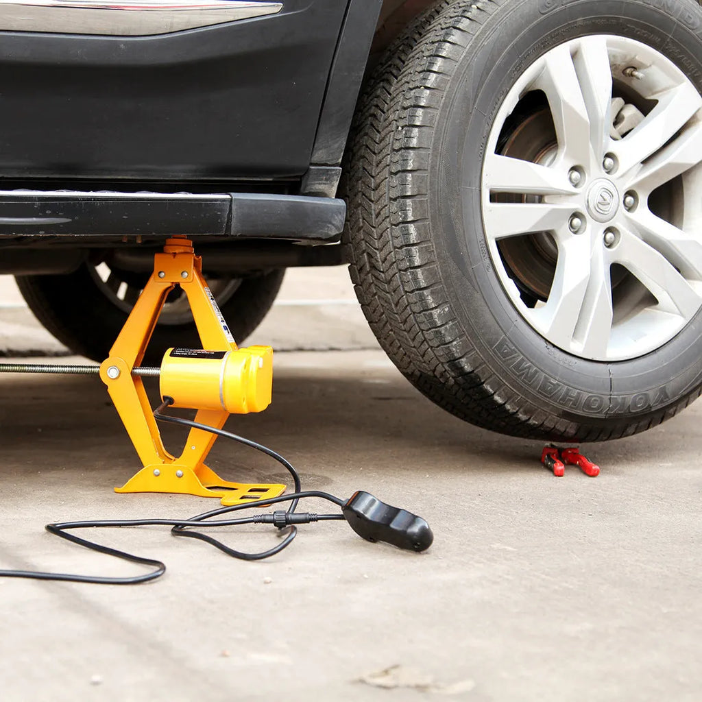 Electric hydraulic car jack kit with 2-tonne lifting capacity, showing extended height.