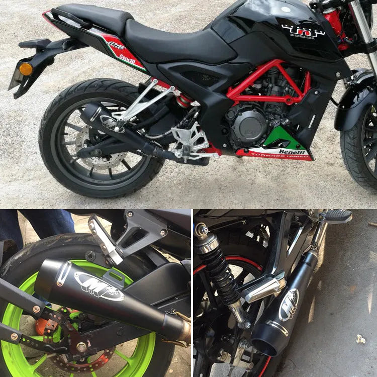 M4 universal motorcycle exhaust pipe in stainless steel, showing various finish options like black, titanium, and half blue.