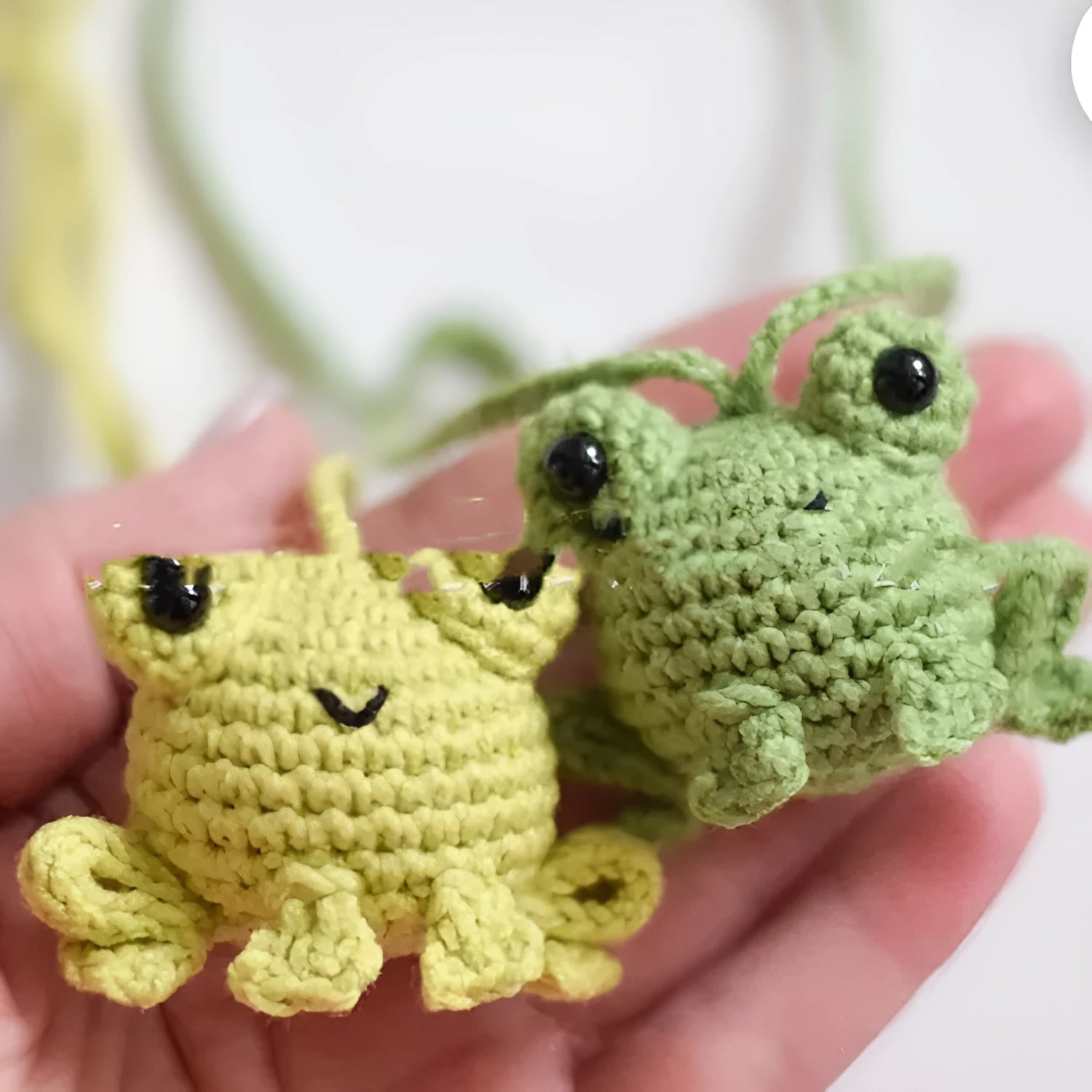Green handmade plush frog woven pendant for car rear view mirror.