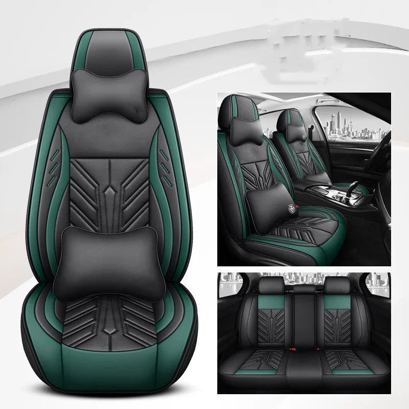 Full-leather car seat cushion with contrast stitching in Nordic Green colour with cotton filler