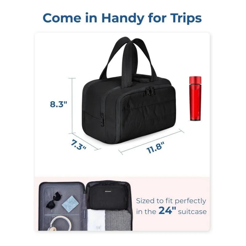 A large, fluffy soft travel toiletry bag in a choice of colours, shown open to reveal its spacious interior.