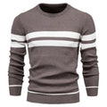 Men's casual striped knitted sweater in Army Green, long sleeve crew neck, side view