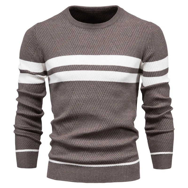 Men's casual striped knitted sweater in Army Green, long sleeve crew neck, side view
