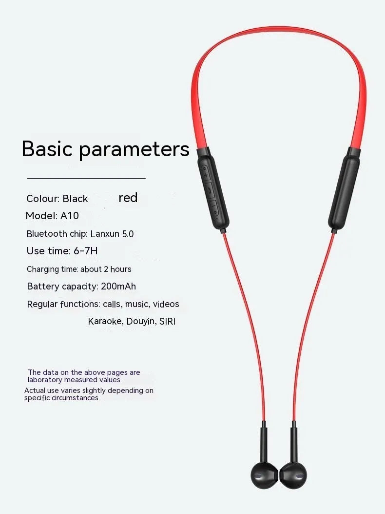 Bluetooth halter stereo sports headset in black, with neckband design and Blue News 5.0 chip
