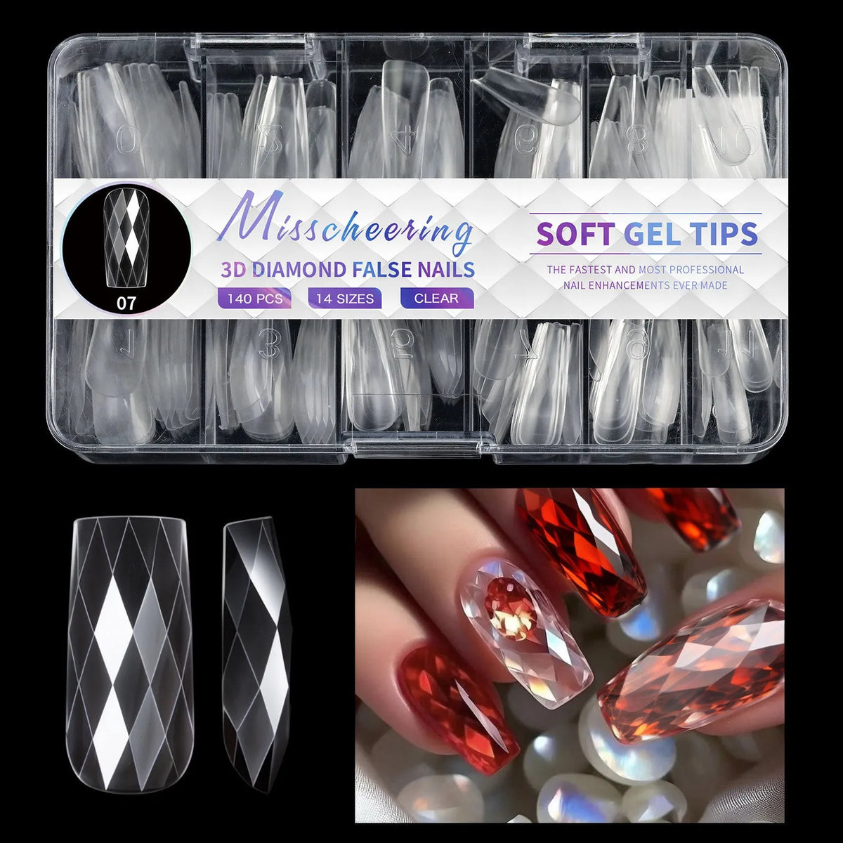 Pack of clear glitter nail extension tips showing 3D diamond design in various colours.