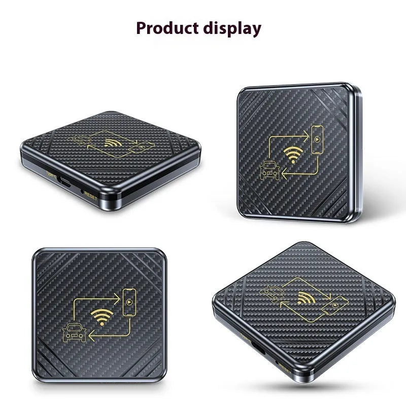 Wireless CarPlay and Android Auto smart box in gold or white ABS plastic housing with USB connector