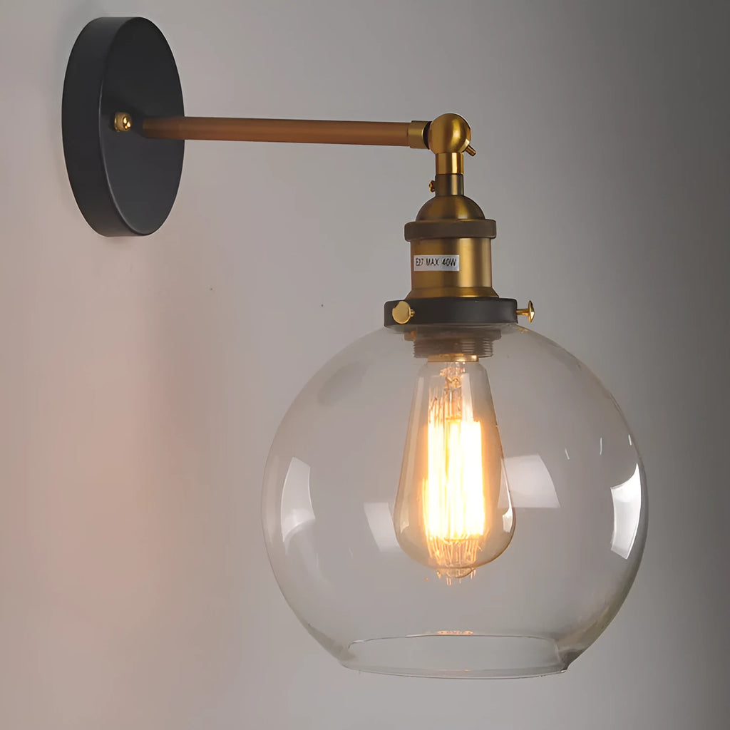 Retro-style 20cm round ball glass wall lamp with aluminium holder in amber, smoke grey, or transparent.