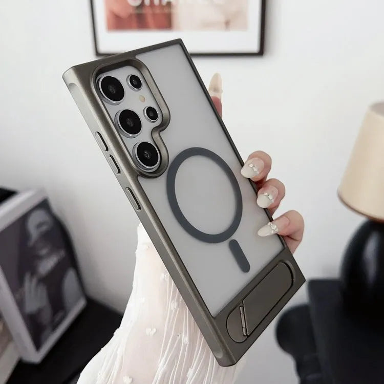 Samsung phone case with folding metal bracket, magnetic suction, and frosted skin-feeling finish