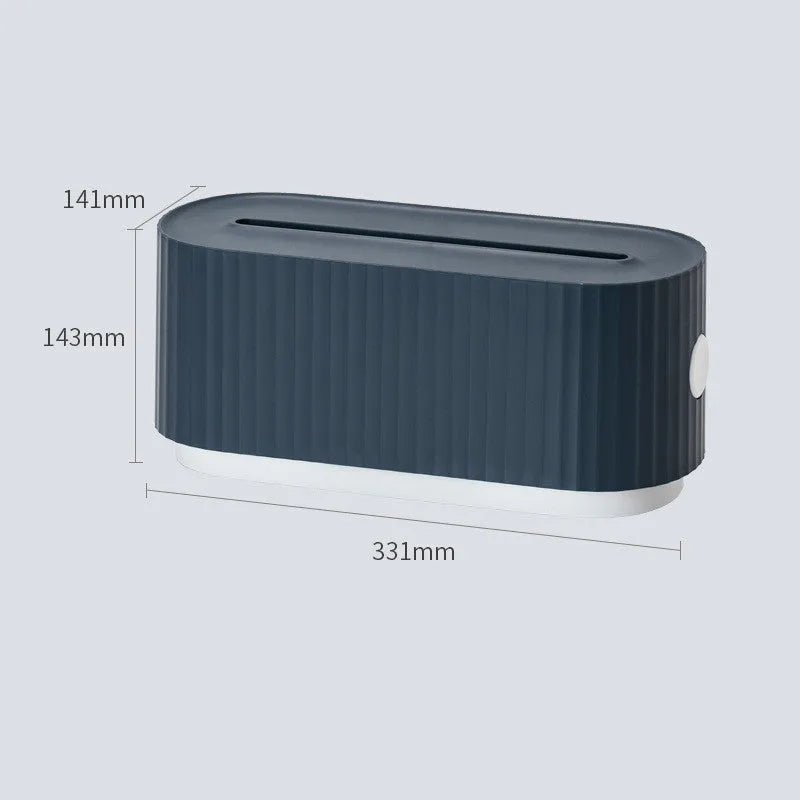 Blue and white HIPS power strip storage box with cable holes and phone slot