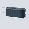 Blue and white HIPS power strip storage box with cable holes and phone slot