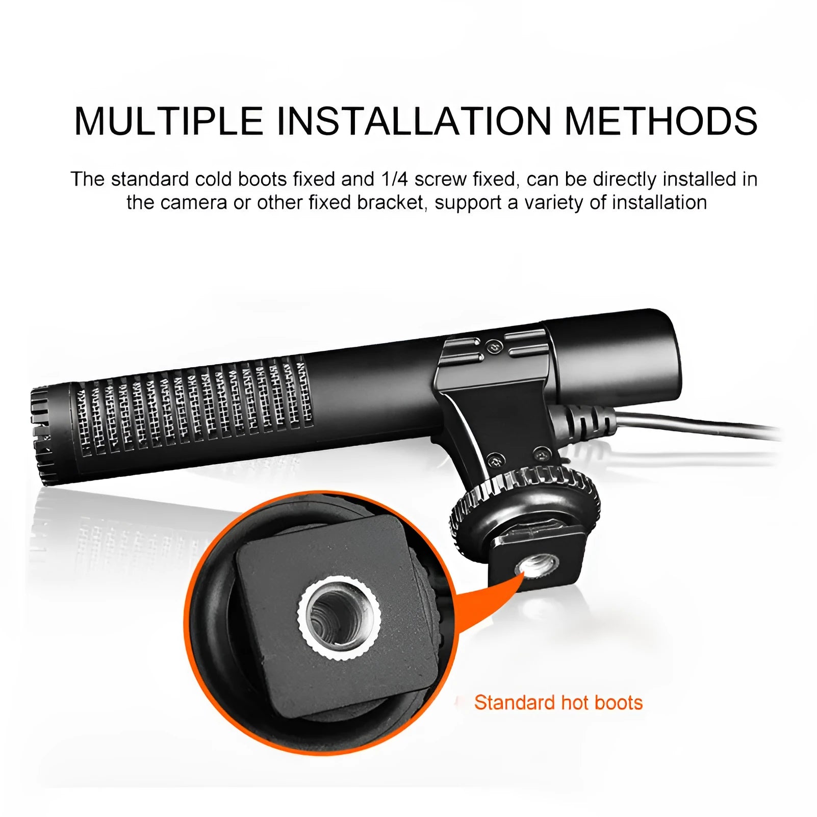 Black MIC-01 back-pole condenser microphone with universal hot shoe mount and 3.5mm jack on a dark background