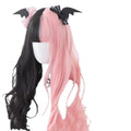 Harajuku Lolita long curly black and pink synthetic cosplay wig with bangs on a stand.