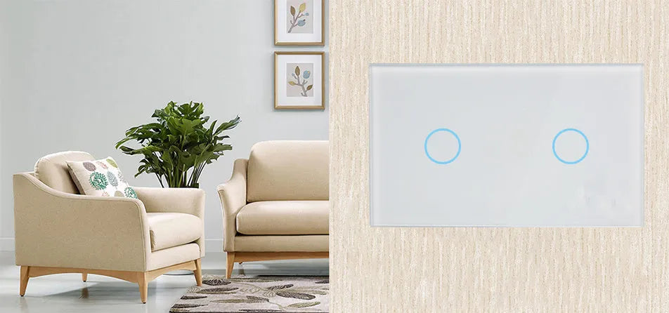 White 2-gang RF remote touch light switch with tempered glass panel and LED indicators