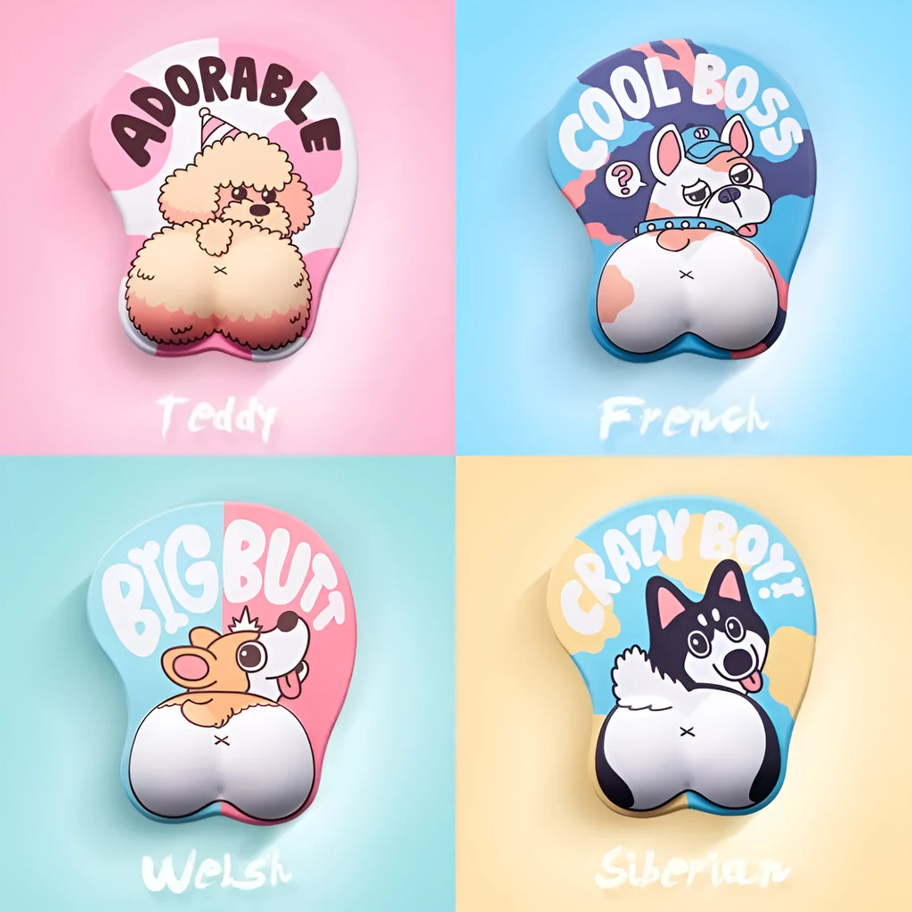 Blue corgi design 3D ergonomic mouse pad with raised wrist support cushion on a desktop.