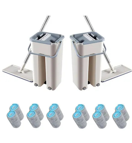 Lazy mop set with microfiber flat head and bucket on tile floor, with 360-degree rotation for corner cleaning