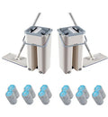 Lazy mop set with microfiber flat head and bucket on tile floor, with 360-degree rotation for corner cleaning