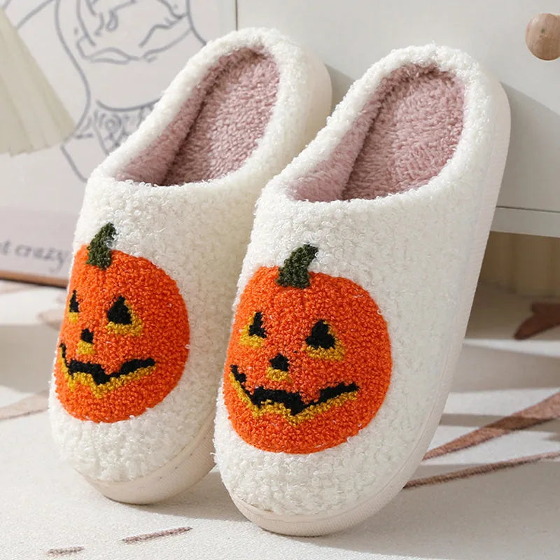 Halloween pumpkin cartoon slippers in white pumpkin colour with suede upper and rubber sole for indoor use