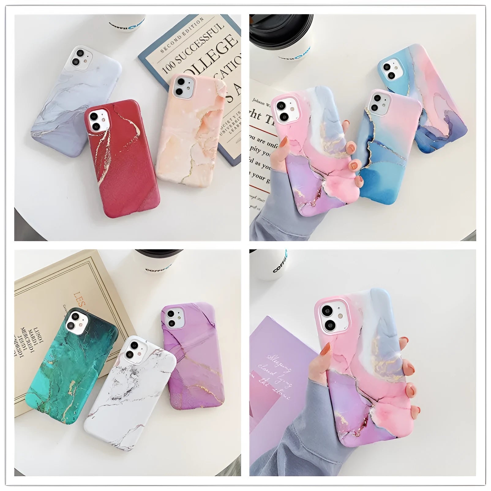 Marble pattern iPhone case with cartoon elements in multiple colour options for 11, 12, X, 7/8 models