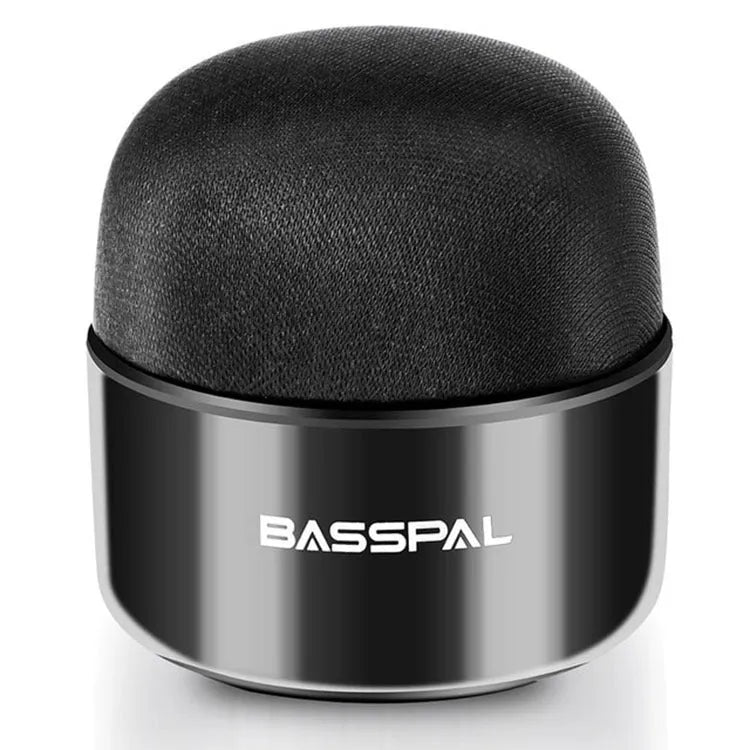 A small black plastic waterproof portable Bluetooth speaker with control buttons.