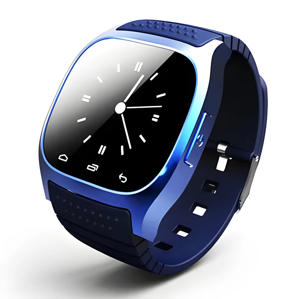 Bluetooth sports watch compatible with iOS and Android in black, white, or blue colours