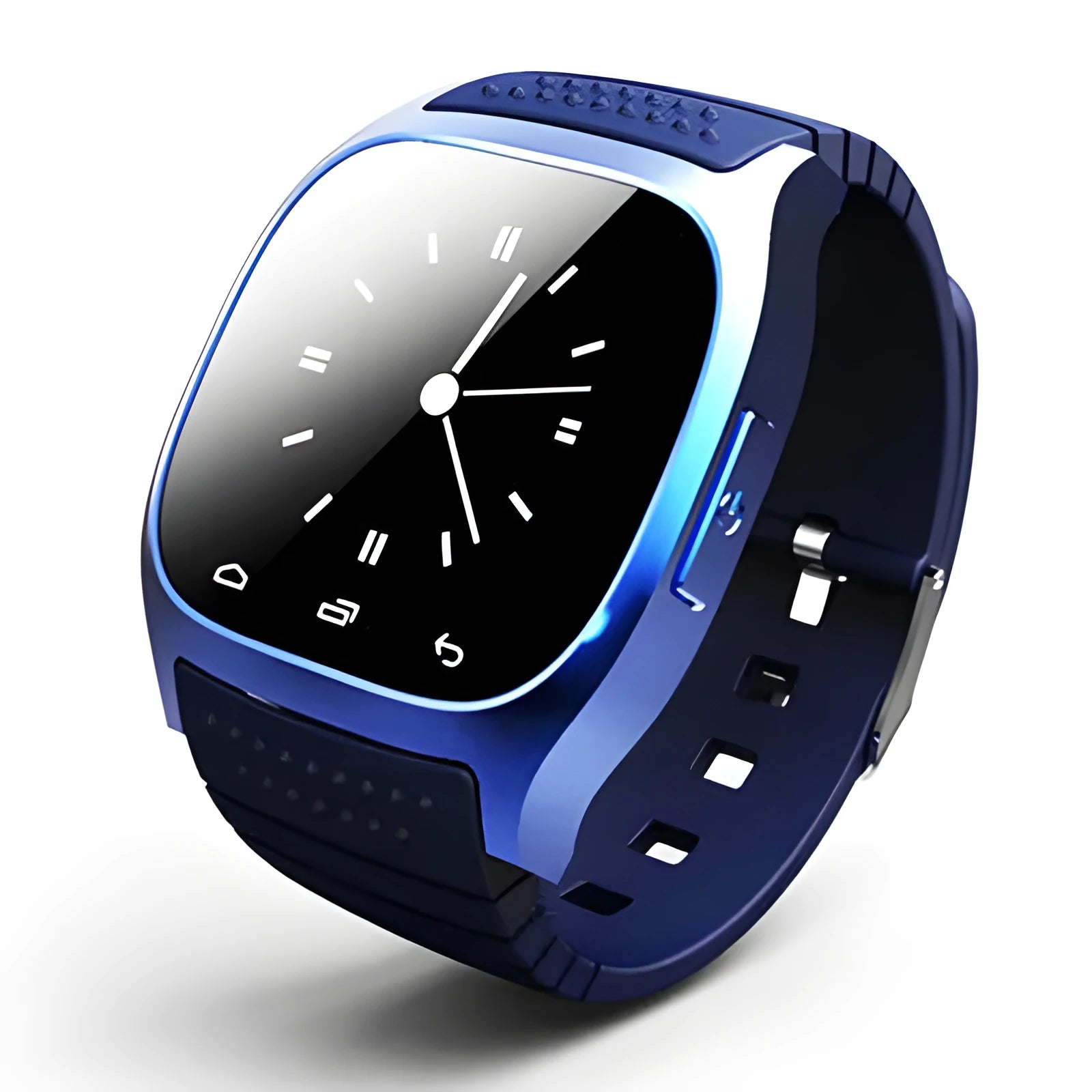 Bluetooth sports watch compatible with iOS and Android in black, white, or blue colours