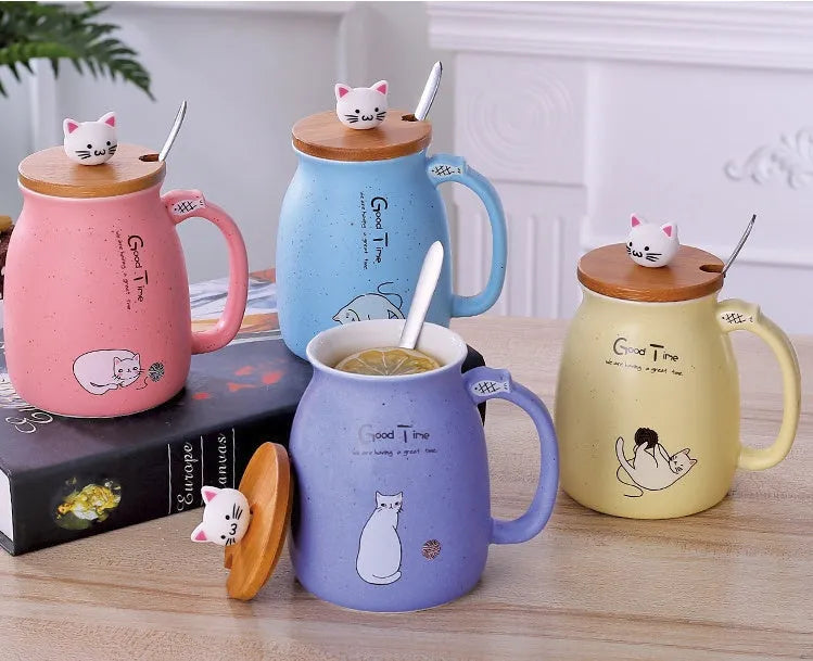 450ml cartoon cat ceramic mug with wooden lid and stainless steel spoon in blue, pink, purple, or yellow