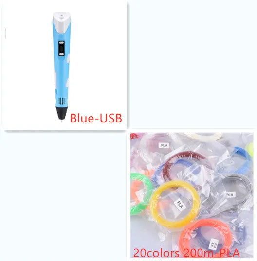 Yellow 3D printing pen with 12 colour PLA filament spools and UK power adapter on a white background