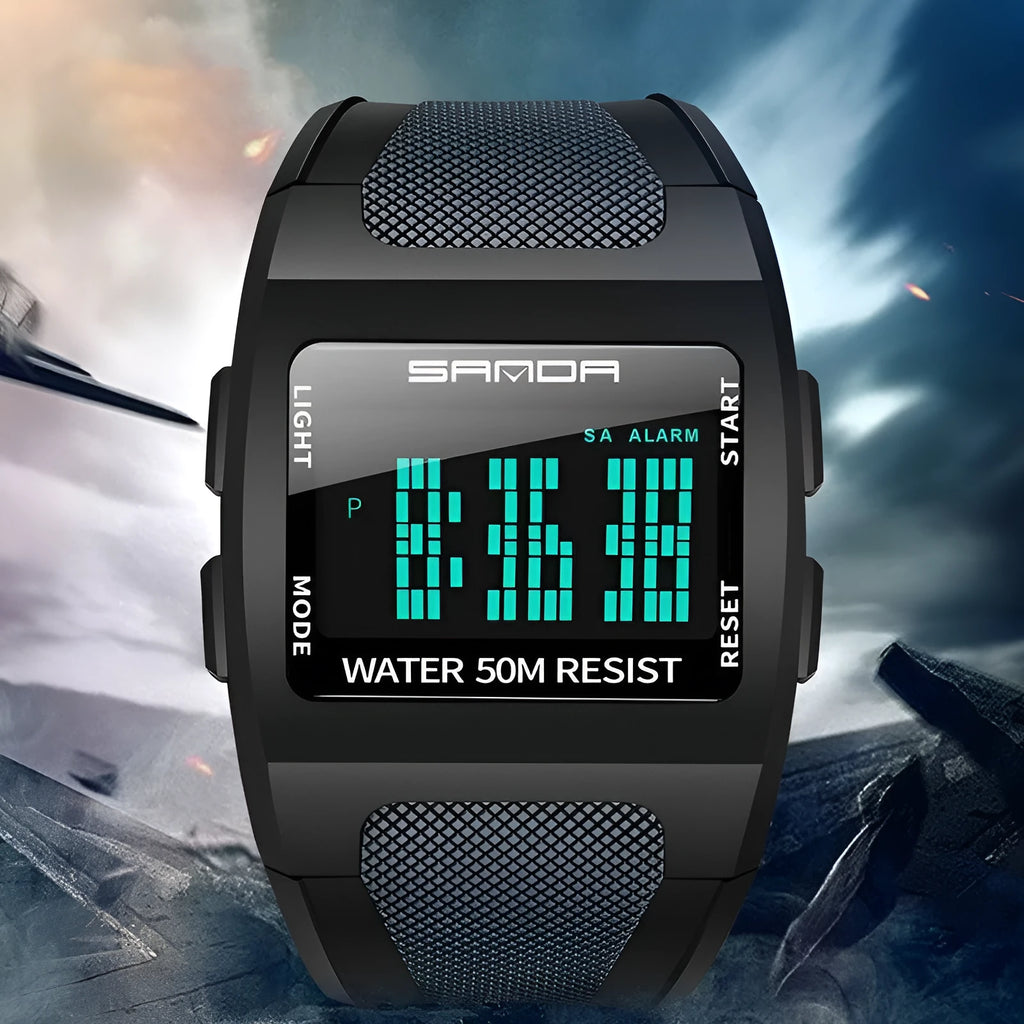 Sanda sports waterproof electronic watch with 37mm digital dial, 13mm case, resin strap, and 50m waterproof rating