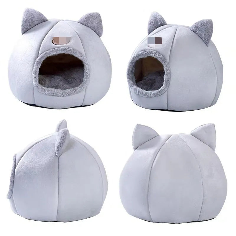 Grey closed cat nest made from Arctic velvet and short plush with removable washable cover